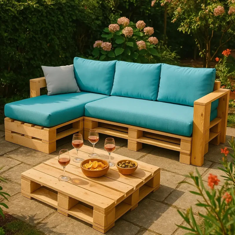 Méridienne Modul’Pop turquoise avec table basse en bois