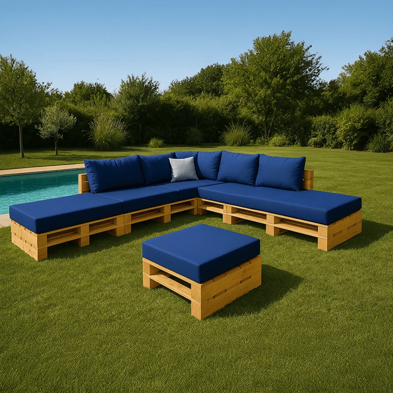 Grand salon Modul’Pop bleu installé près d’une piscine